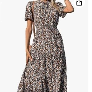 BTFBM Brown Orange Floral Prairie Retro Tie Neck Cottagecore Midi Dress Size S